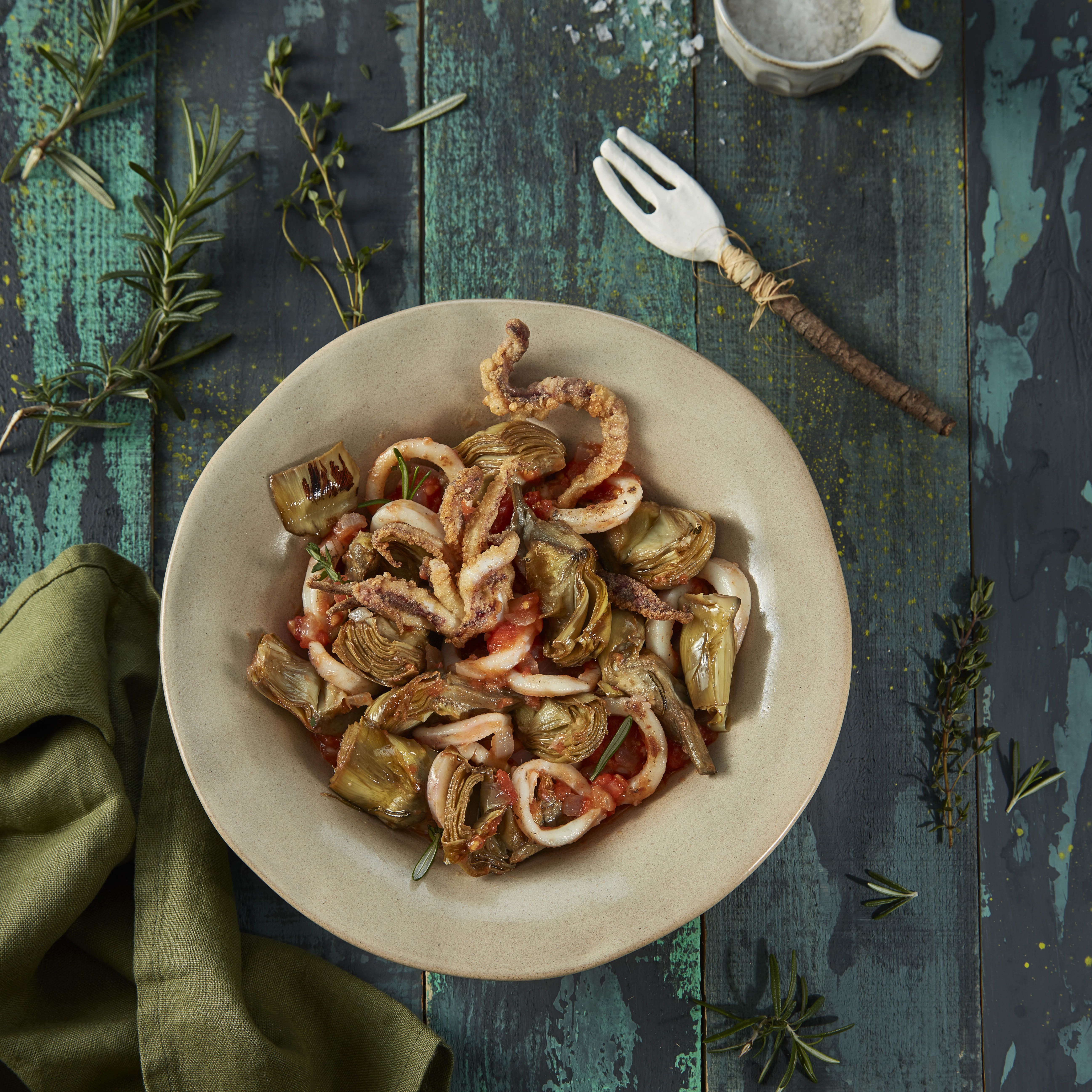 Cors de carxofa amb calamars
