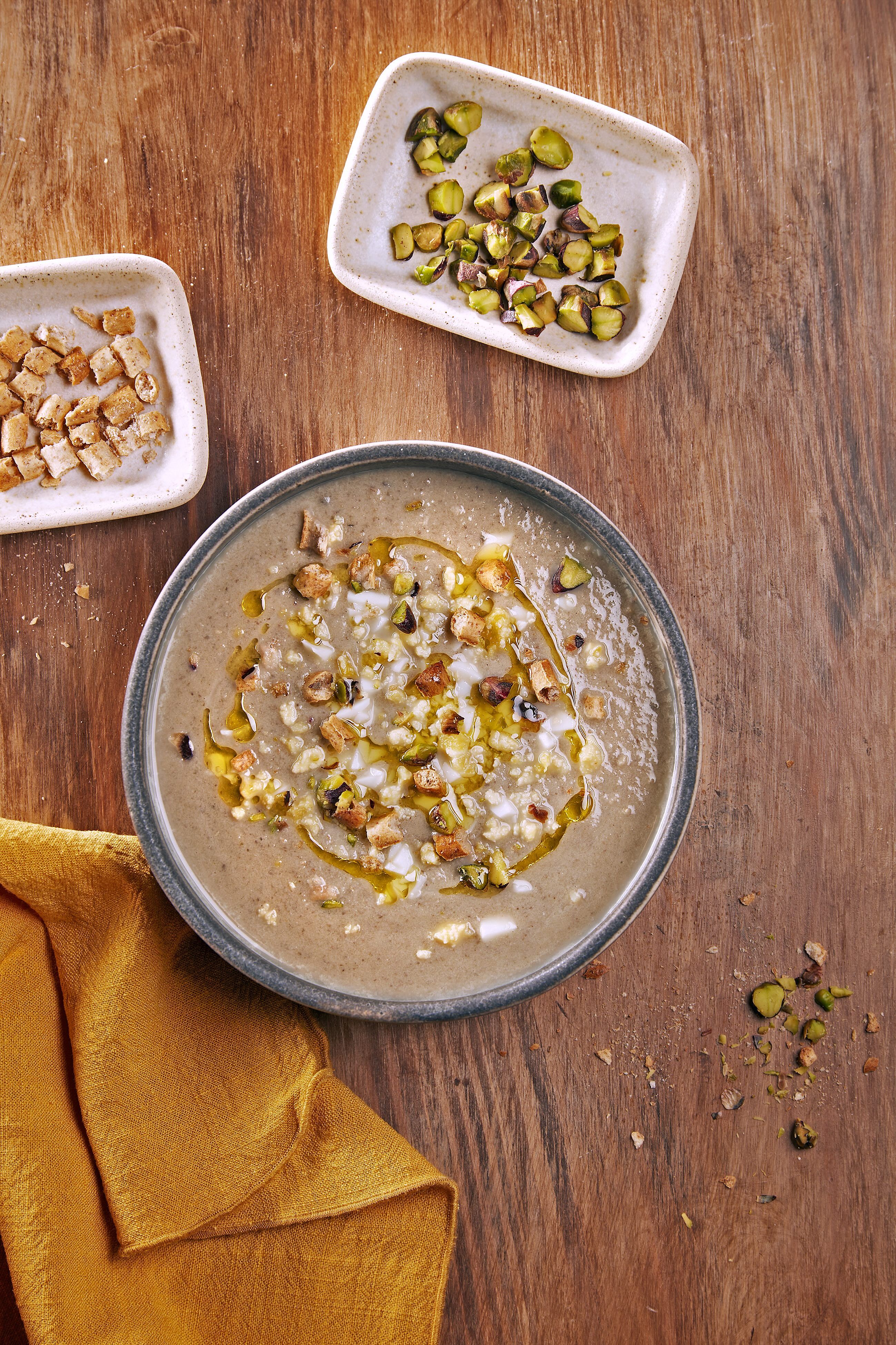 Crema de porro, xampinyons i albergínia