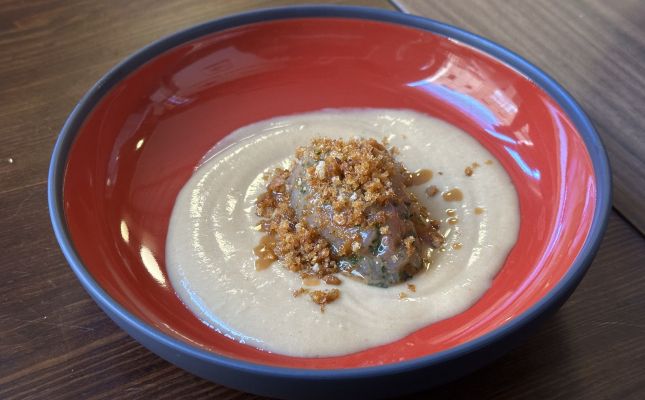 Porra amb tartar de gamba blanca i 'migas'