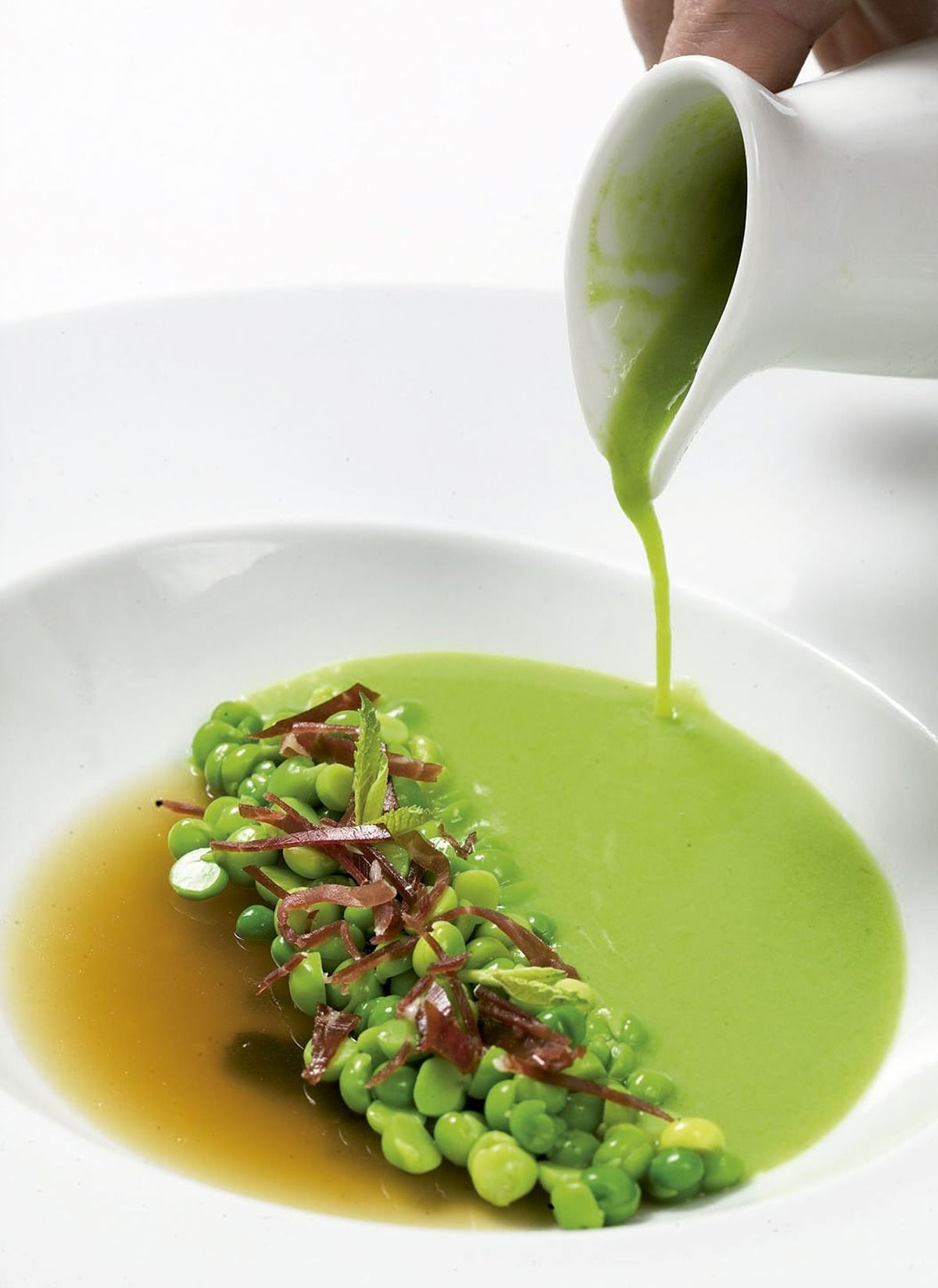 Llàgrima de pèsols amb pernil i toffee de suc de pèsols