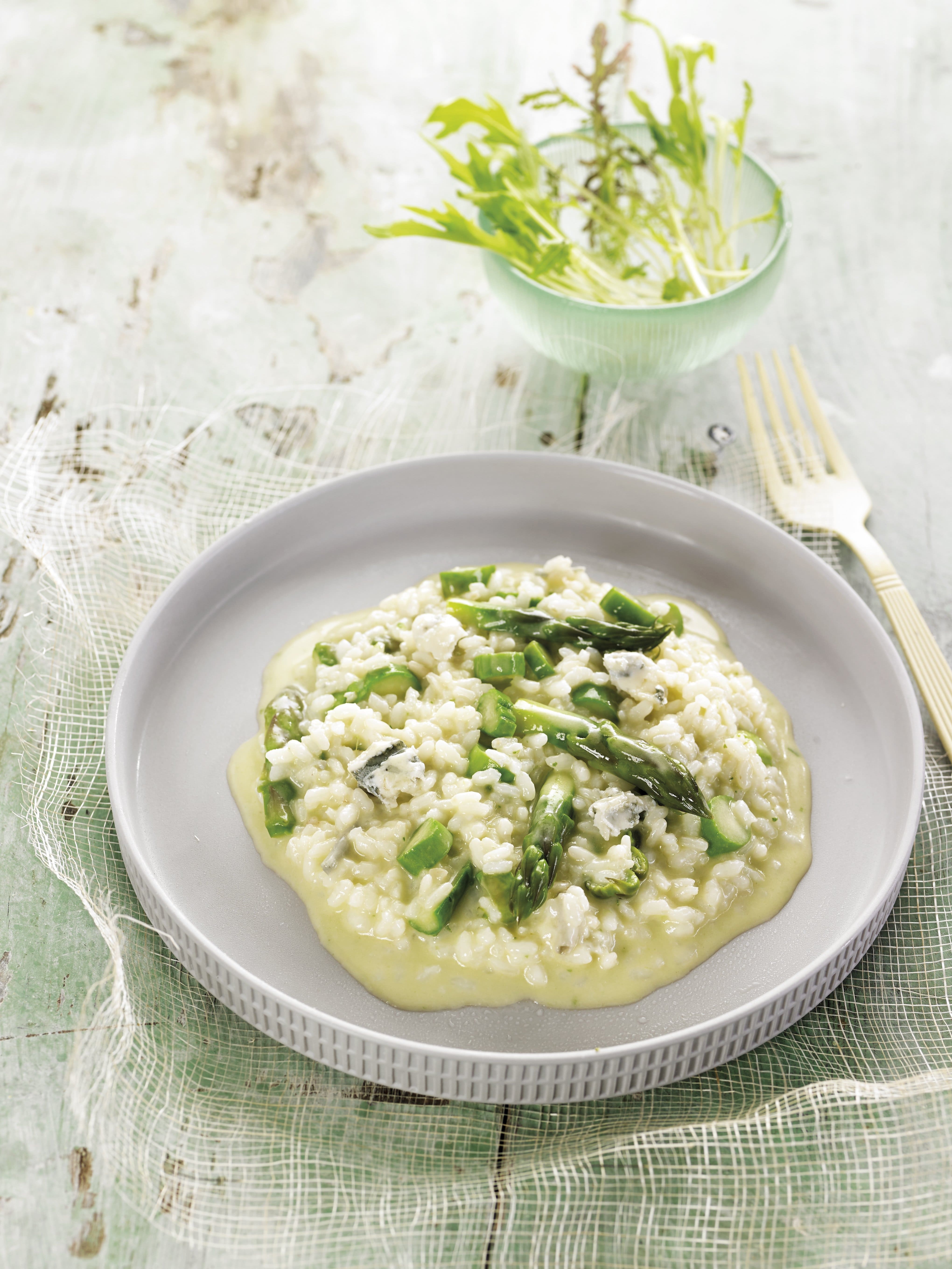 Risotto amb espàrrecs, formatge de Maó i xampinyons