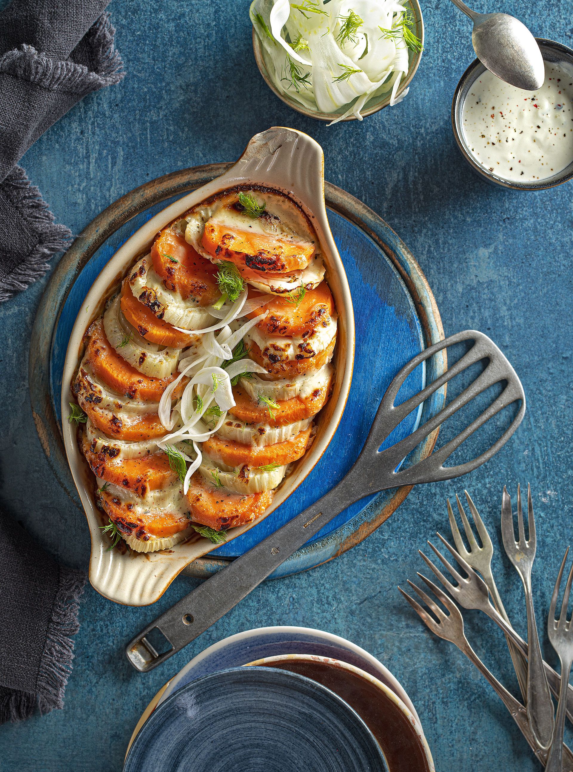 Gratinat de moniato, fonoll i formatge Loblau del Tros de Sort