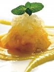Ravioli de mango amb arròs de xocolata blanca