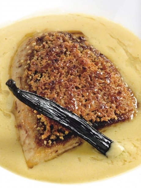 Foie gras caramel·litzat amb crema de llenties amb vainilla