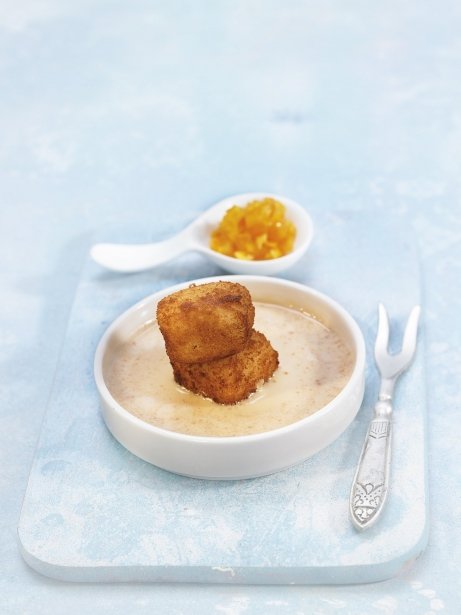 Croquetes d'arròs amb llet amb crema de torró i taronja