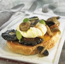 Tostada de setas silvestres y huevos con camisa