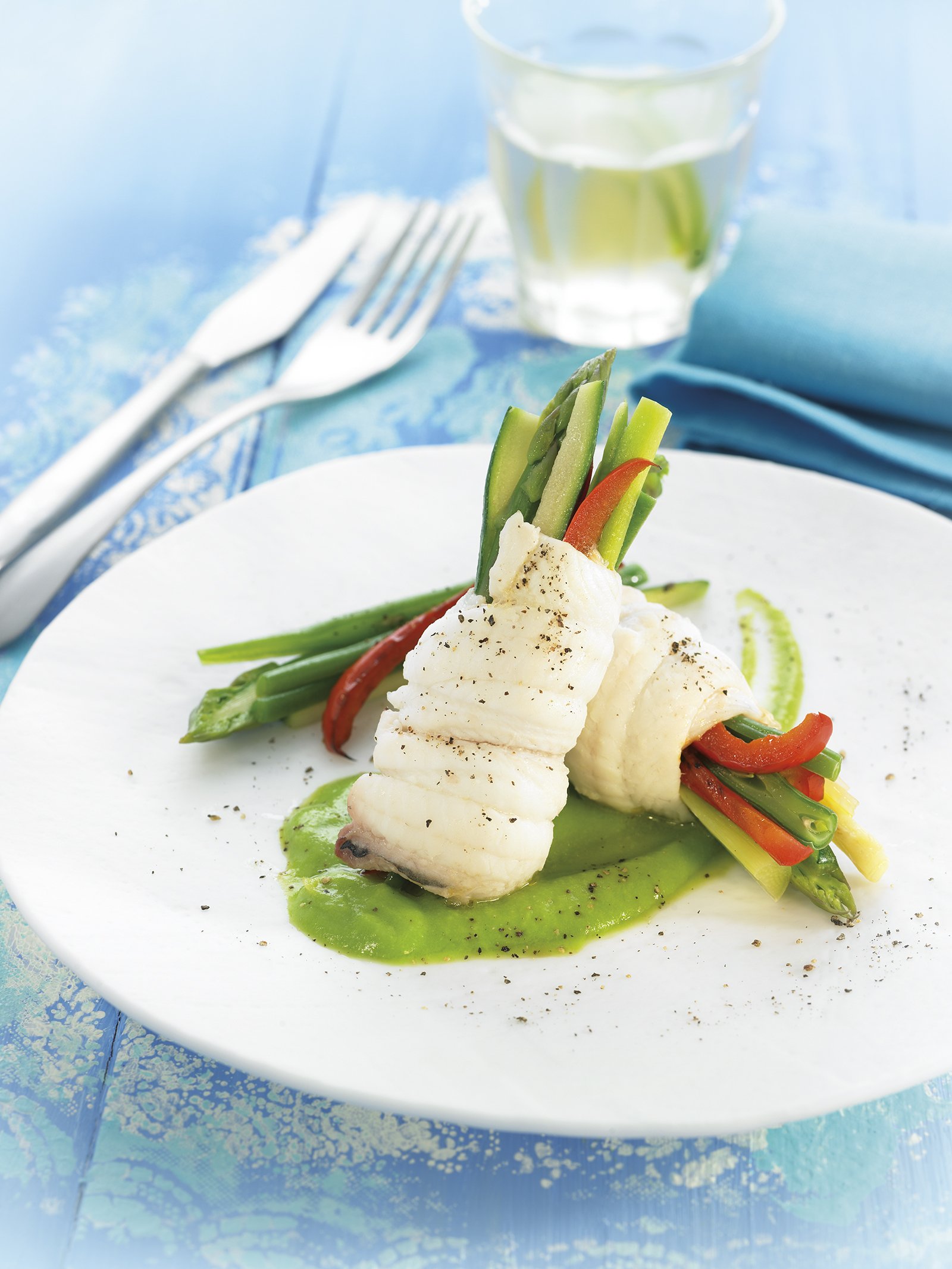 Llenguado al vapor amb crema de pèsols