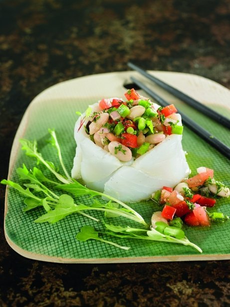 Tambor de carpaccio de bacalao y ensalada de alubias