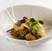 Saltado de setas con polvo de frutos secos y gruyère