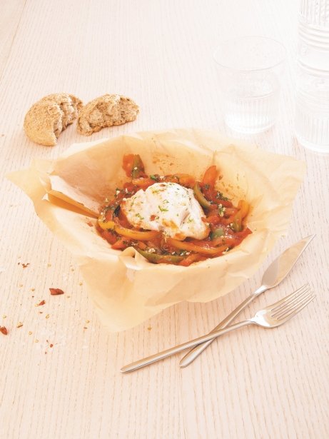 Bacalao en papillote con piperrada