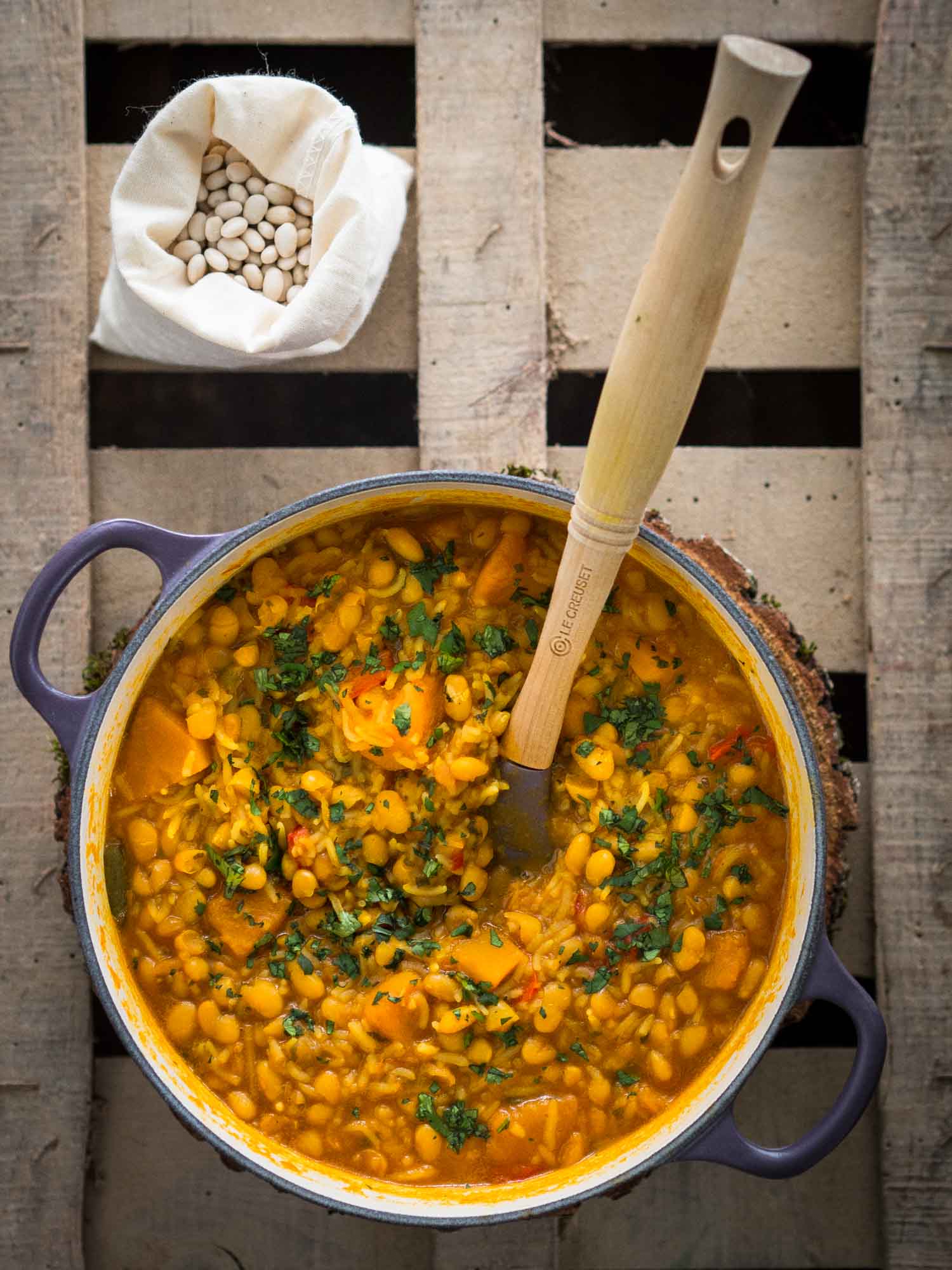 Judías de Santa Pau con calabaza y arroz