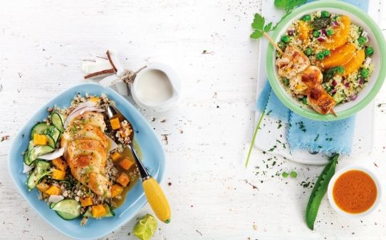 Ensalada de quinoa y leche de coco con pechuga de pollo al limón