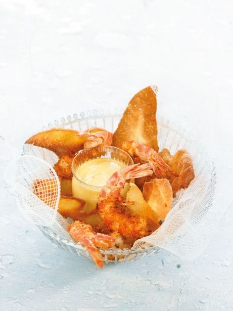 'Fish and chips ' de gambes wonton