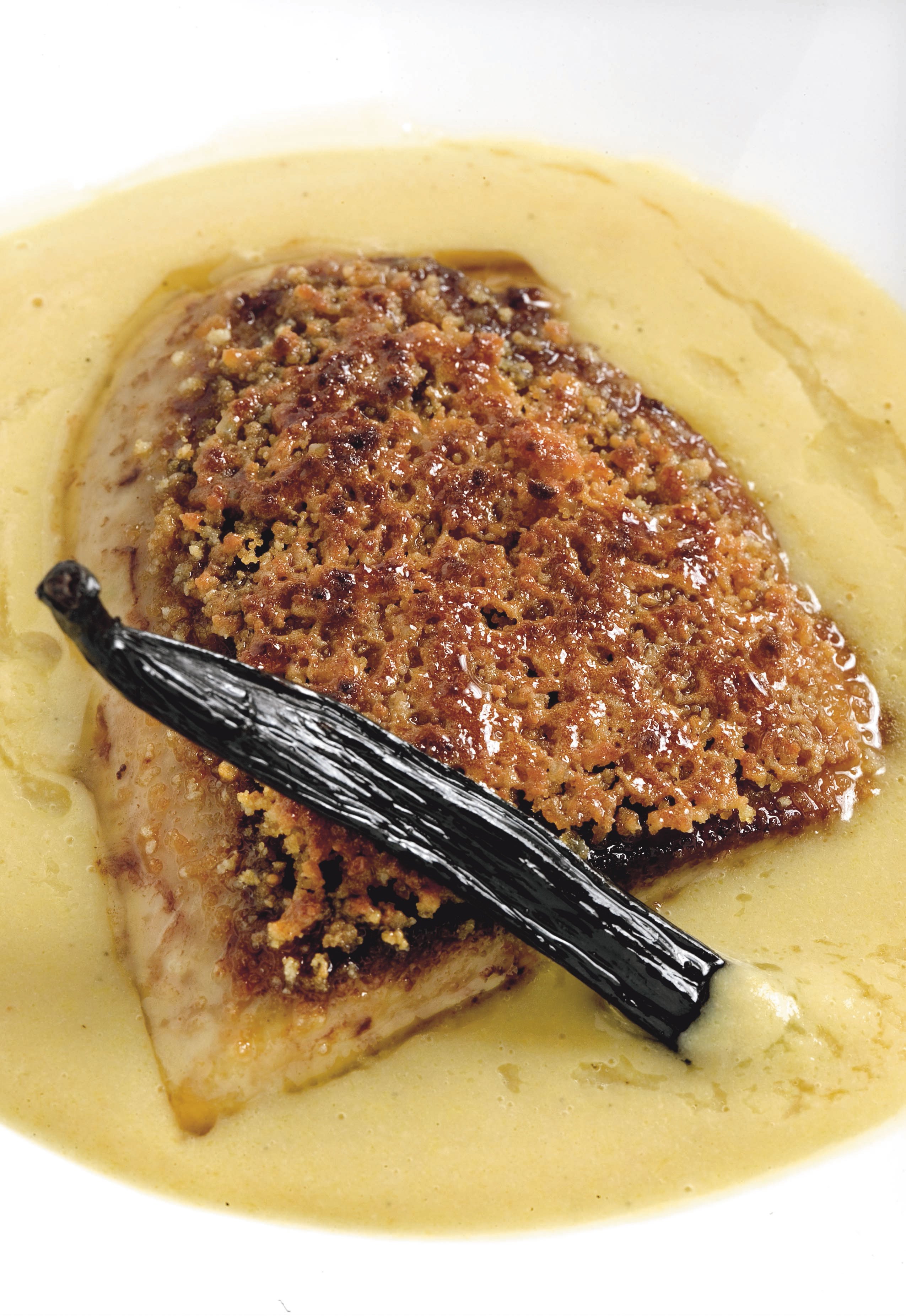 Foie gras caramel·litzat amb crema de llenties amb vainilla