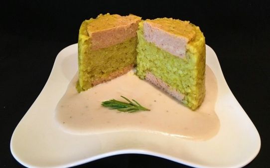 Flan de arroz con curry y pastel de cabracho