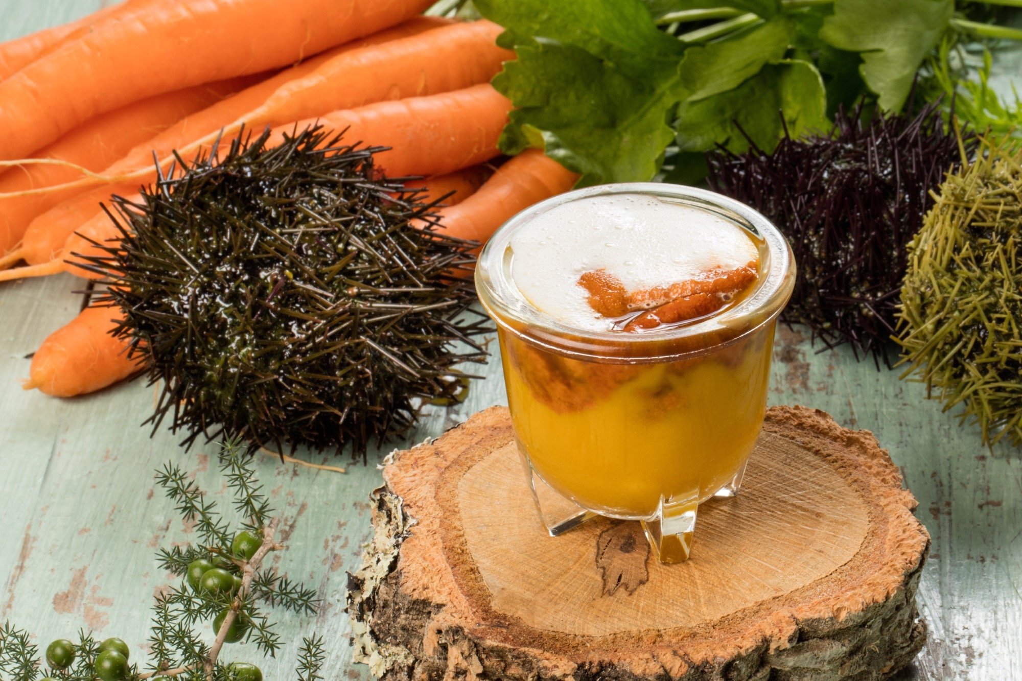 Capuchino de verduras, erizo de mar y aire de bacalao ahumado