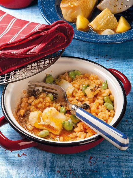 Arroz con bacalao, tripa y habas