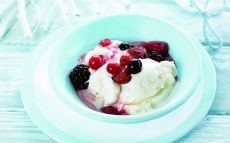 Helado de yogur con fruta roja salteada