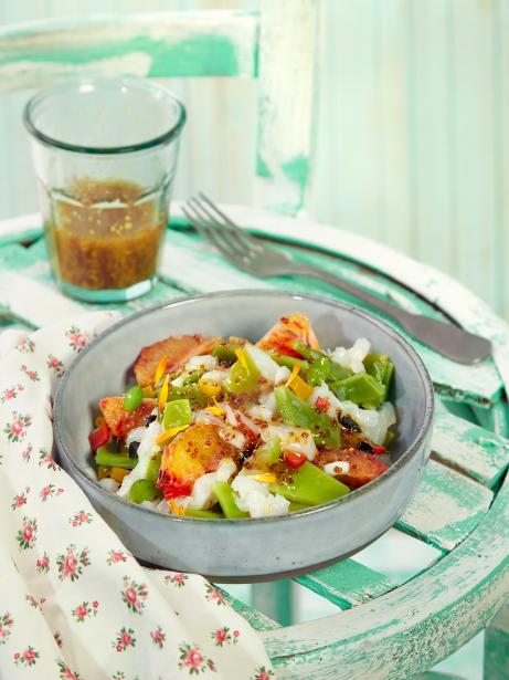 Ensalada de judías tiernas y naranja con bacalao esqueixat