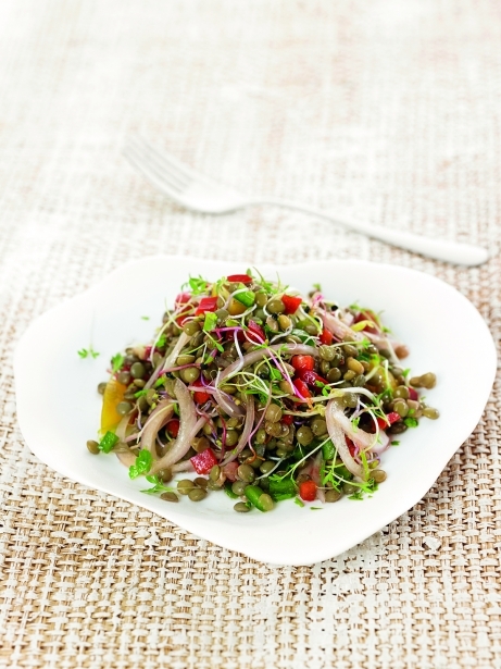 Ensalada de lentejas, tomate, germinados de puerro, cebolla y pimiento