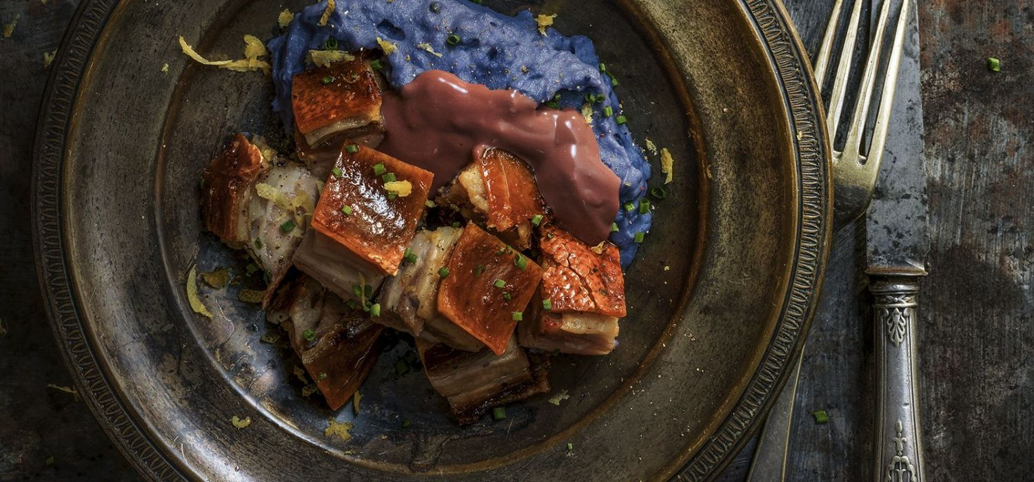Daus de 'porchetta' amb puré de patates a la llimona i salsa de vi Marsala